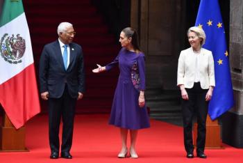 Sheinbaum recibe a l&iacute;deres europeos en Palacio Nacional para firmar Acuerdo Global Modernizado