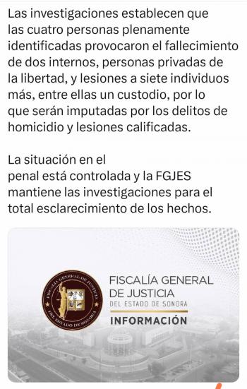 Fiscal&iacute;a de Sonora identifica a cuatro internos como responsables del mot&iacute;n en Cereso de Ciudad Obreg&oacute;n