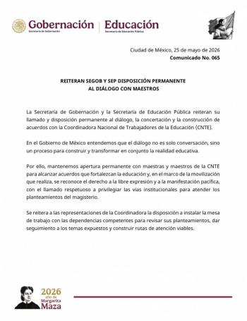 Gobierno federal reitera apertura al di&aacute;logo con CNTE tras enfrentamientos en el Z&oacute;calo