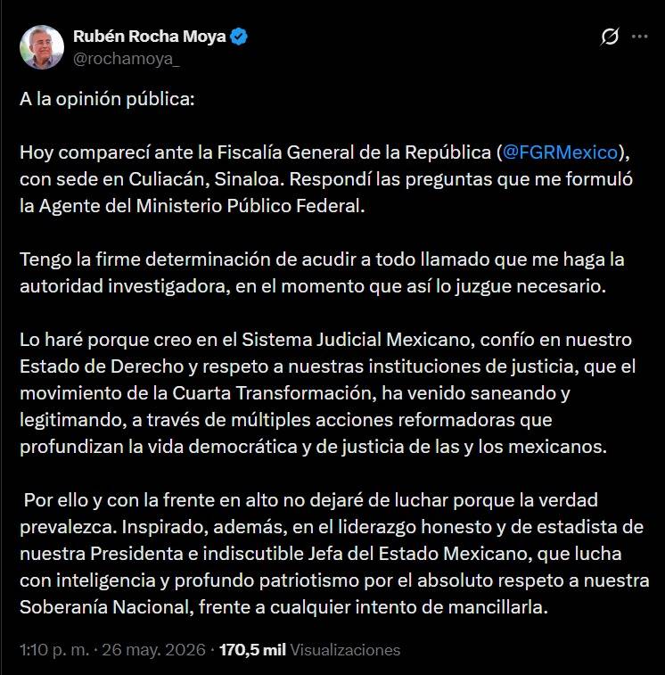 Rocha Moya comparece ante la FGR en Culiacán por acusaciones de vínculos con “Los Chapitos”