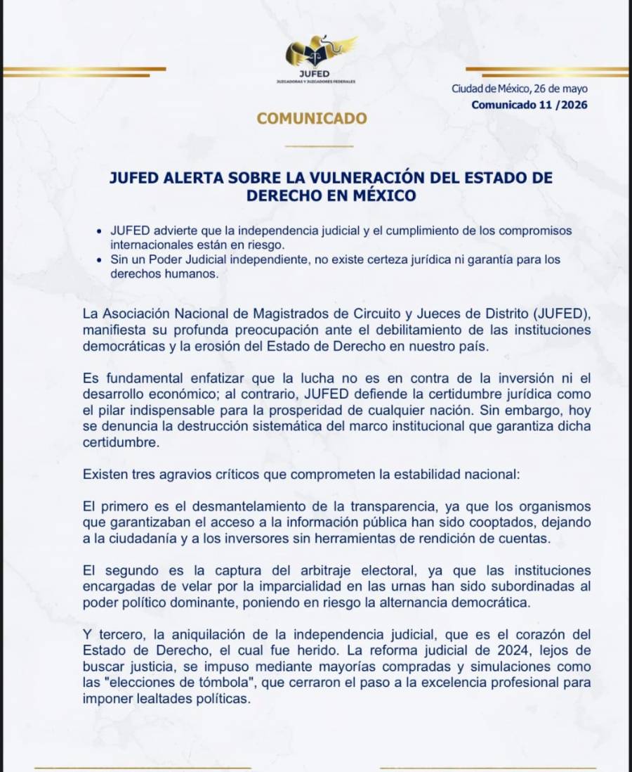 Jufed alerta sobre vulneración del Estado de Derecho en México