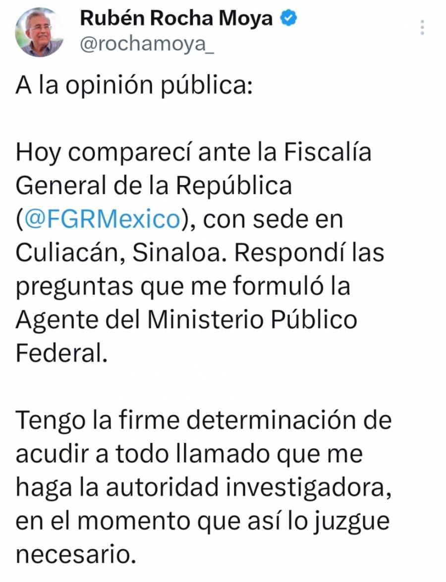 Comparece Rubén Rocha Moya ante la FGR en Culiacán; afirma disposición a colaborar