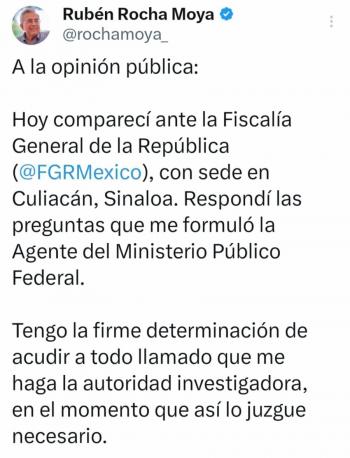 Comparece Rub&eacute;n Rocha Moya ante la FGR en Culiac&aacute;n; afirma disposici&oacute;n a colaborar