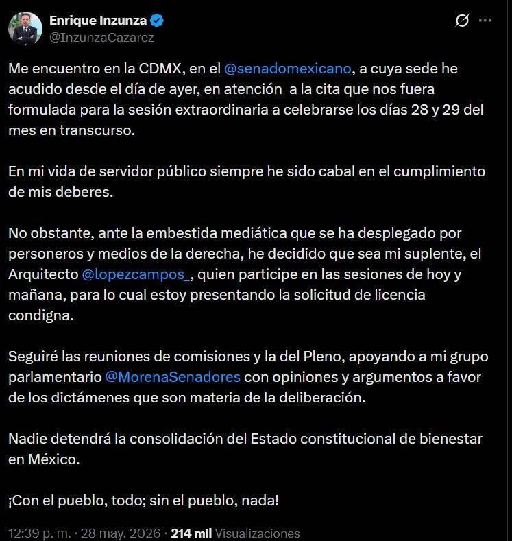 Enrique Inzunza pide licencia en el Senado en medio de señalamientos de EU