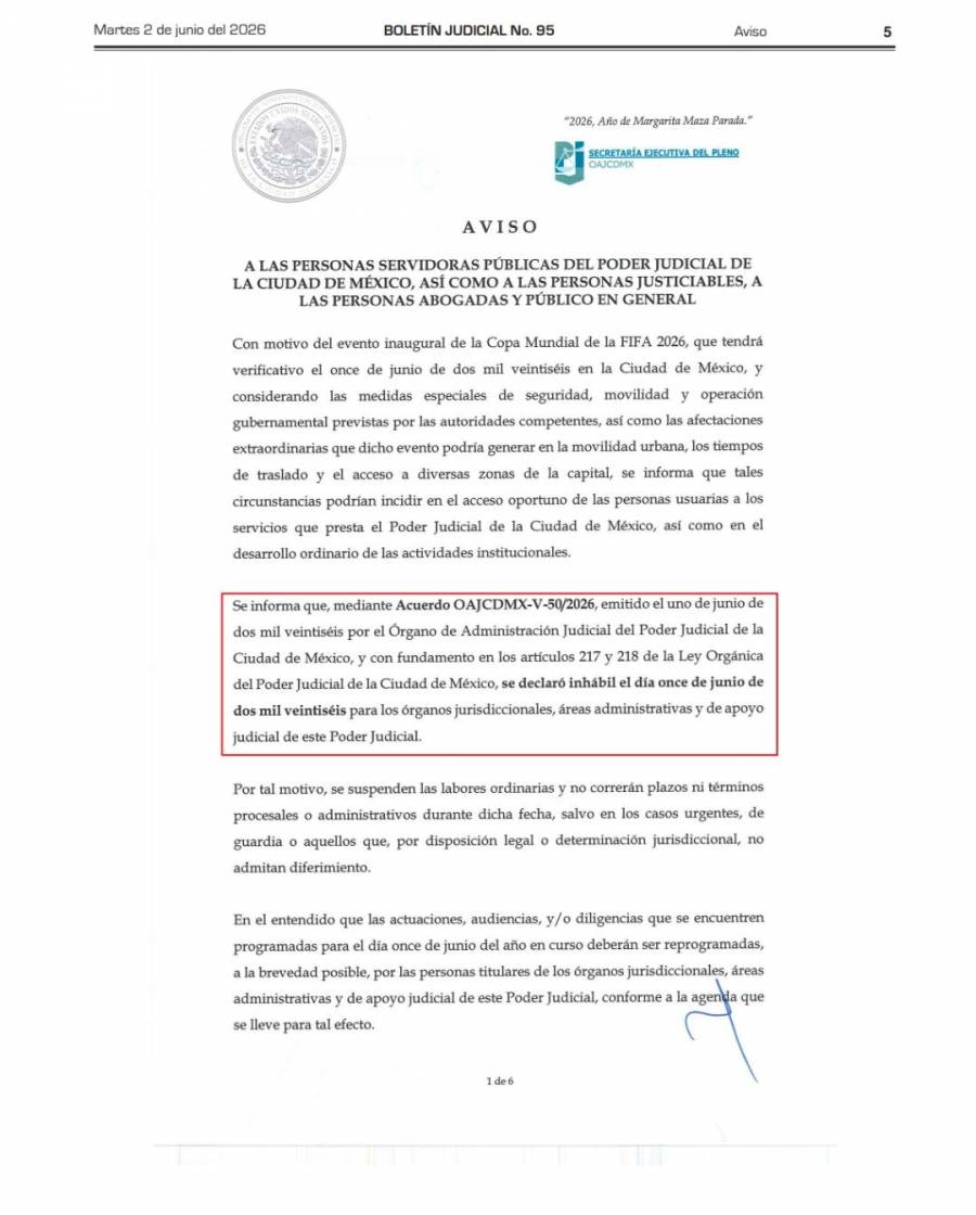 Poder Judicial de la CDMX suspenderá labores por inauguración del Mundial 2026