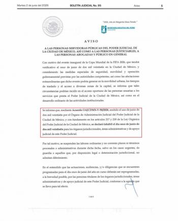 Poder Judicial de la CDMX suspender&aacute; labores por inauguraci&oacute;n del Mundial 2026