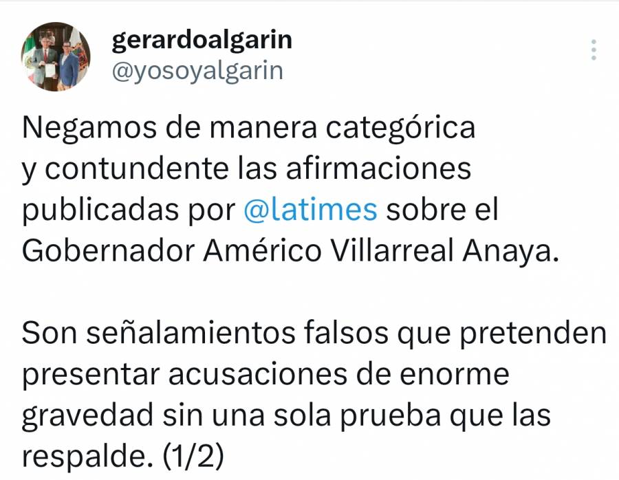 Gobierno de Tamaulipas rechaza acusaciones contra Américo Villarrea; las califica de falsas