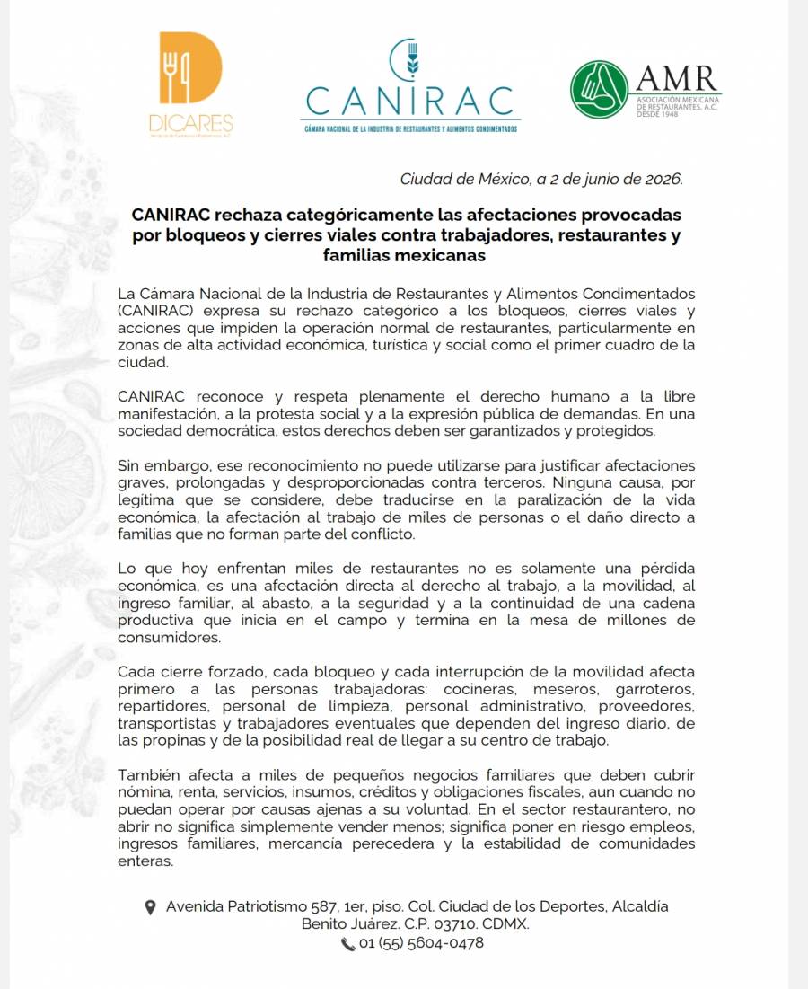 CANIRAC advierte impacto económico y laboral en restaurantes por bloqueos de la CNTE