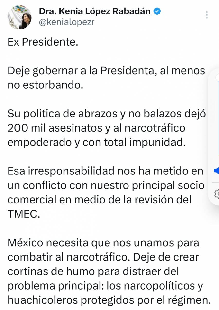 Kenia López pide a AMLO “no estorbar” al gobierno de Sheinbaum