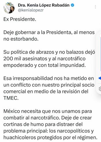 Kenia L&oacute;pez pide a AMLO “no estorbar” al gobierno de Sheinbaum