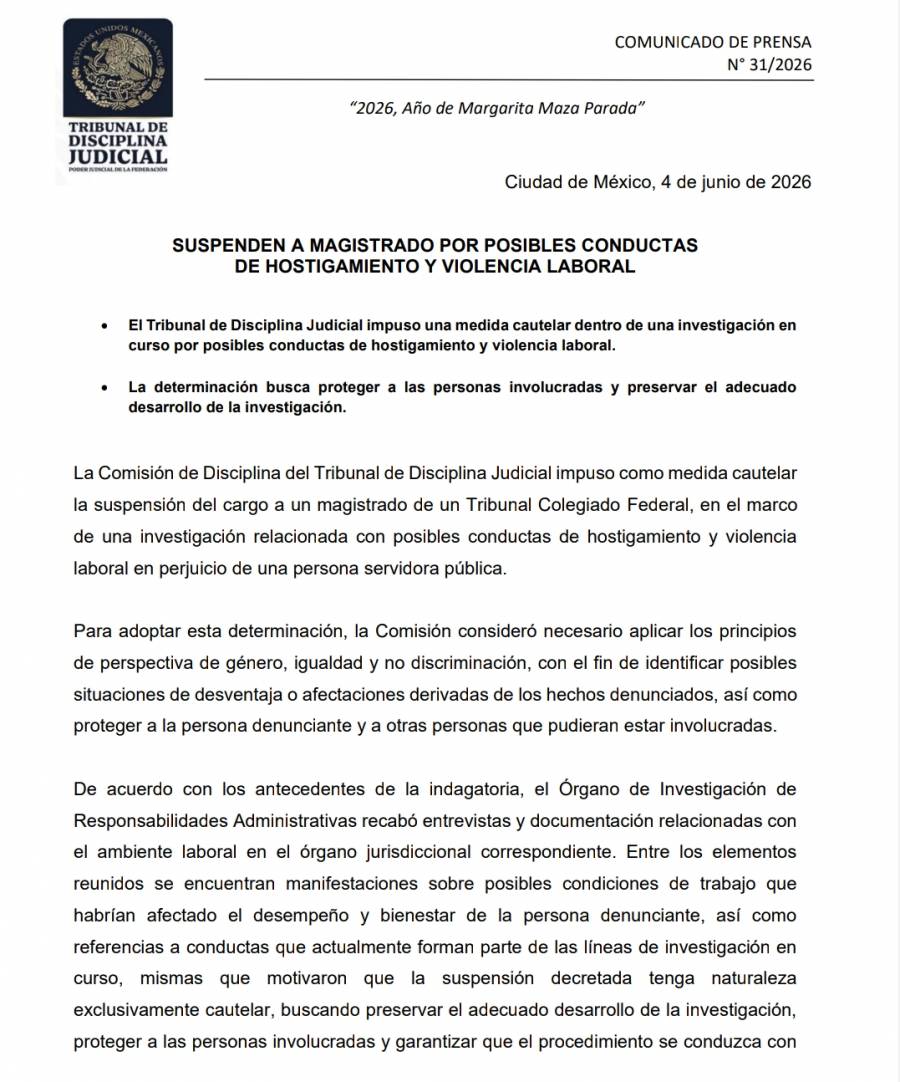 Suspenden a magistrado por presunto hostigamiento y violencia laboral 
