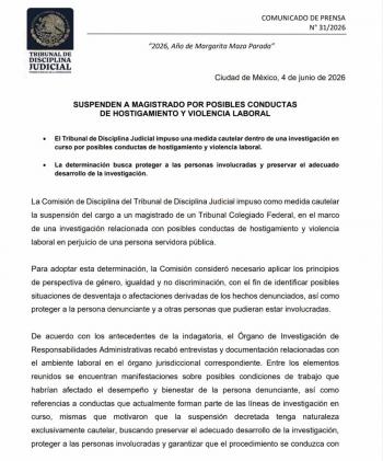 Suspenden a magistrado por presunto hostigamiento y violencia laboral