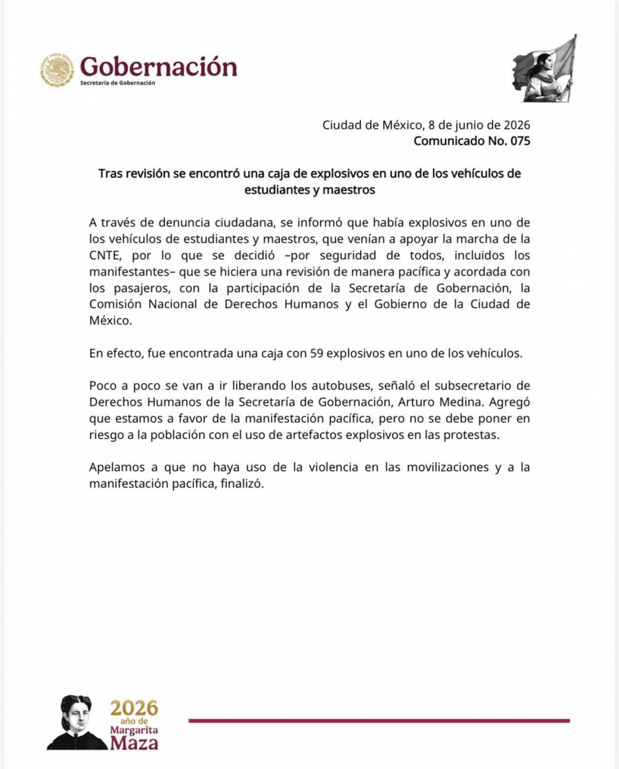 Gobernación reporta hallazgo de explosivos en vehículo de manifestantes que acudirían a marcha de la CNTE