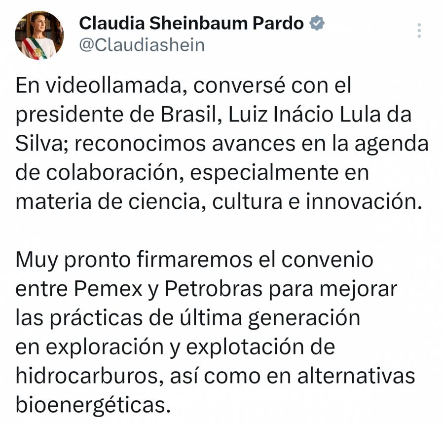 Sostienen llamada Sheinbaum y Lula; firmarán convenio entre Pemex y Petrobras