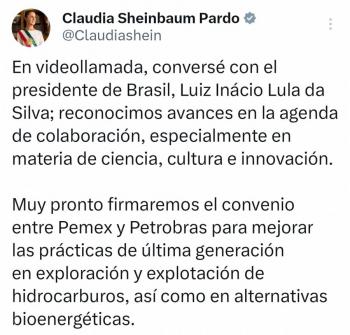Sostienen llamada Sheinbaum y Lula; firmar&aacute;n convenio entre Pemex y Petrobras