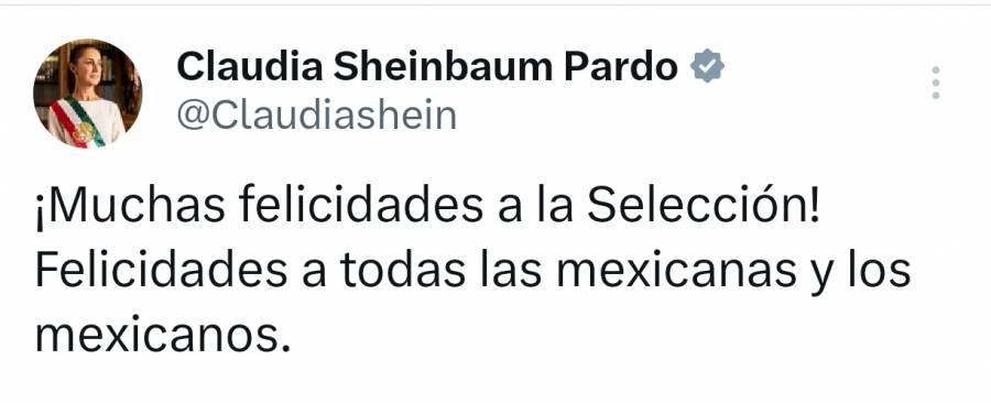 Sheinbaum felicita a la Selecci&oacute;n Mexicana tras triunfo 2-0 ante Sud&aacute;frica