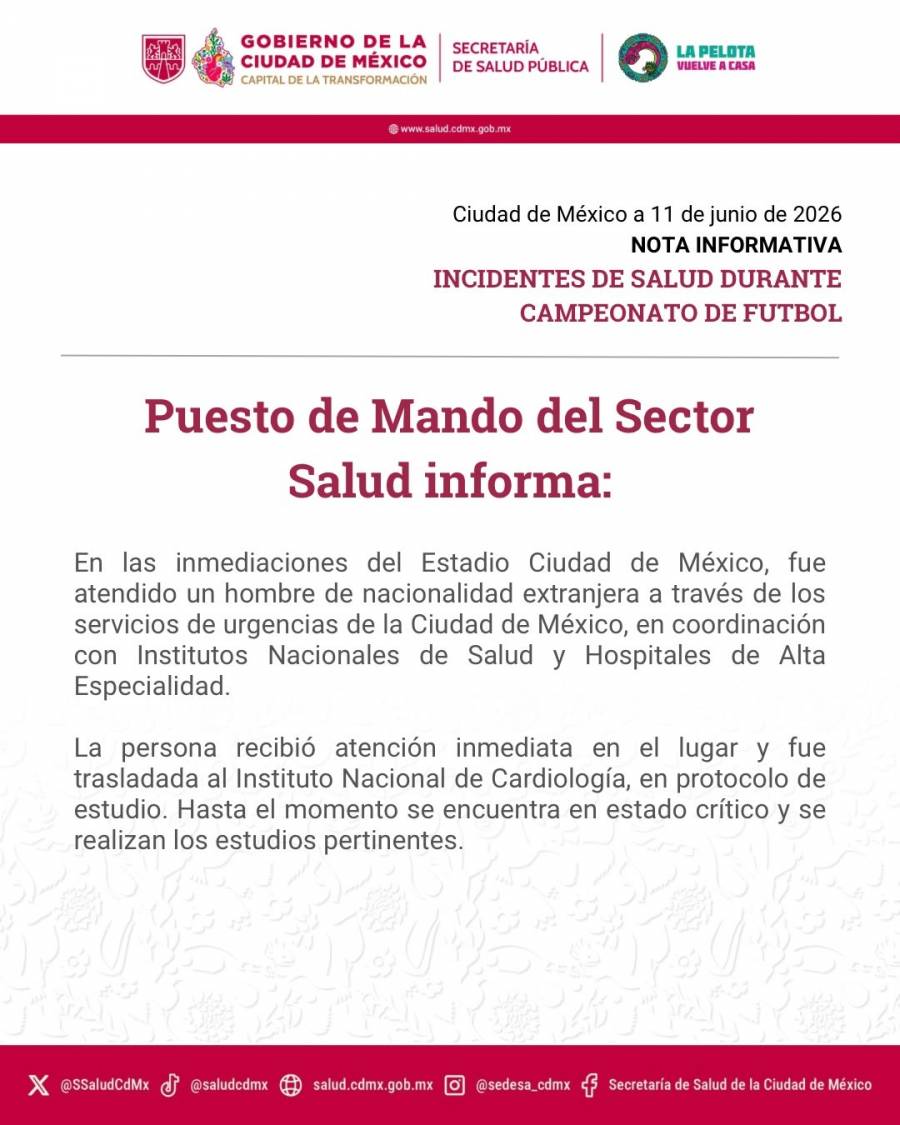 Secretaría de Salud aclara estado de aficionado atendido en el Estadio Ciudad de México    