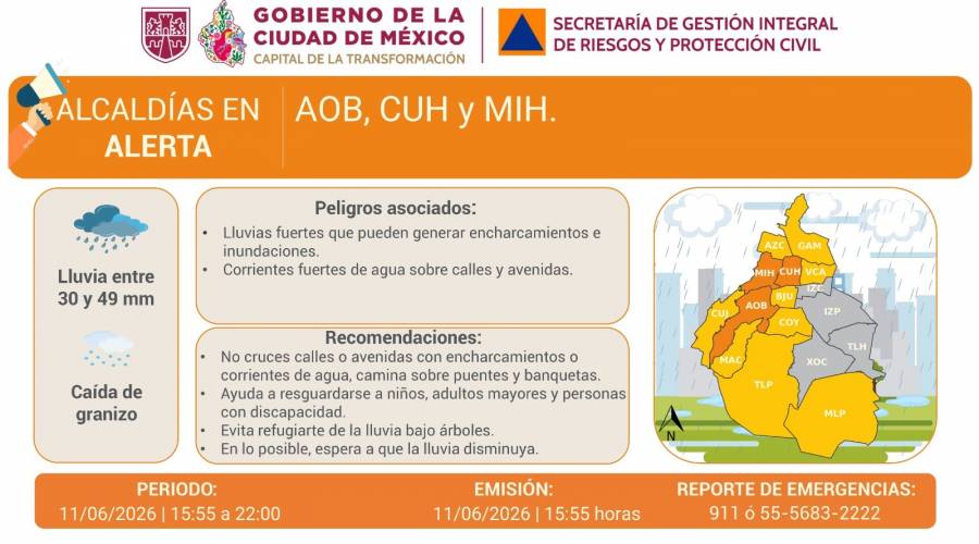 SGIRPC emite alerta naranja y amarilla por lluvias fuertes en CDMX    