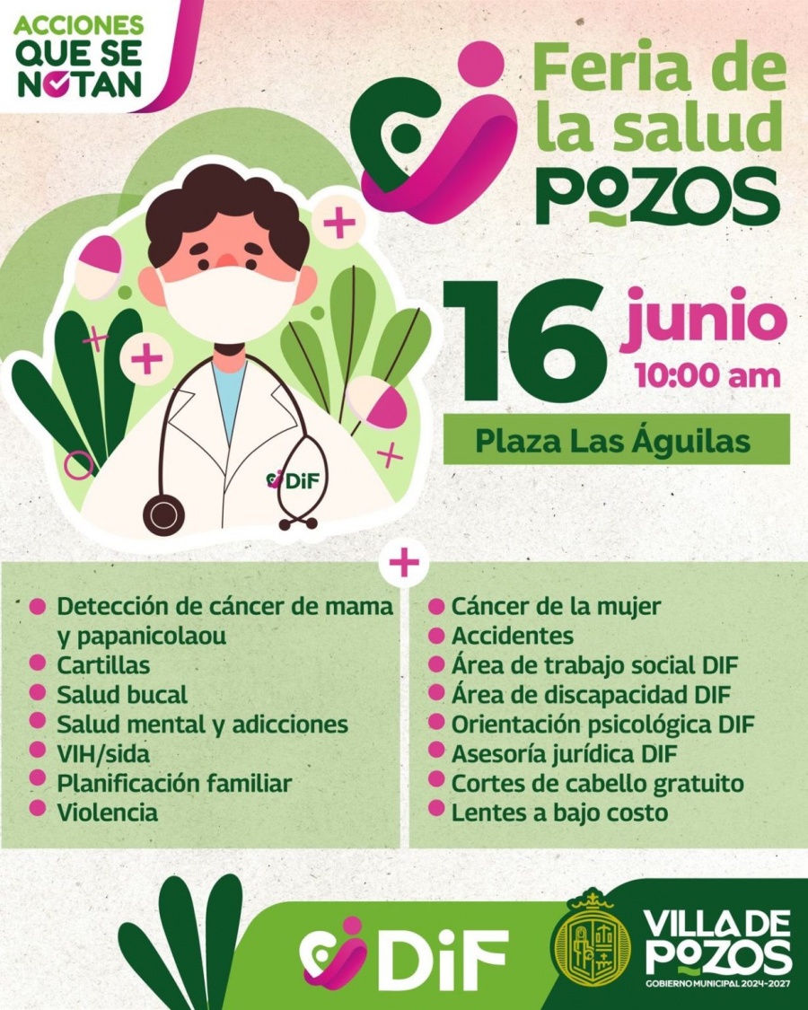 Villa de Pozos realizar&aacute; Feria de la Salud gratuita el 16 de junio en Plaza Las &Aacute;guilas