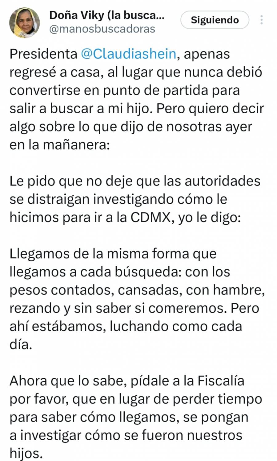 Madre buscadora Vicky pide a Sheinbaum enfocar investigaciones en desapariciones y no en su traslado a CDMX