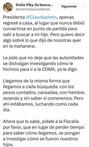 Madre buscadora Vicky pide a Sheinbaum enfocar investigaciones en desapariciones y no en su traslado a CDMX