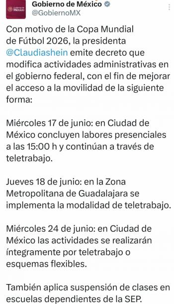 Sheinbaum anuncia home office y suspensi&oacute;n de clases por partidos del Mundial en M&eacute;xico y Guadalajara