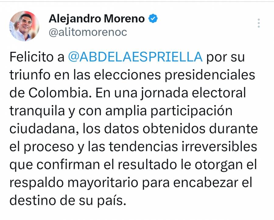 Alito Cárdenas felicita a Abelardo de la Espriella como virtual triunfador presidencial en Colombia; fue como observador
