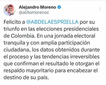 Alito C&aacute;rdenas felicita a Abelardo de la Espriella como virtual triunfador presidencial en Colombia; fue como observador