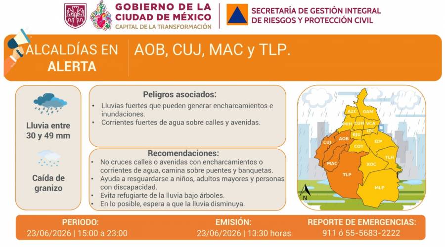 Activan Alerta Naranja y Amarilla por lluvias y granizo en CDMX este 23 de junio