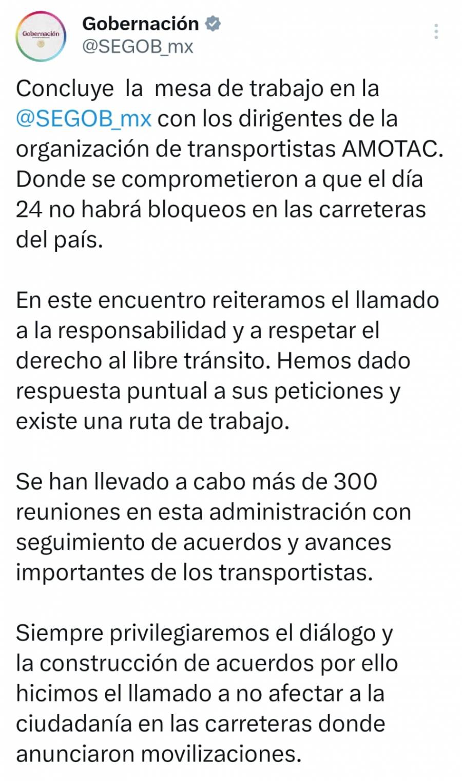 Segob acuerda con transportistas evitar bloqueos y mantener diálogo