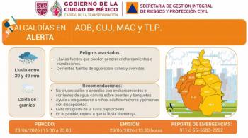 Activan Alerta Naranja y Amarilla por lluvias y granizo en CDMX este 23 de junio