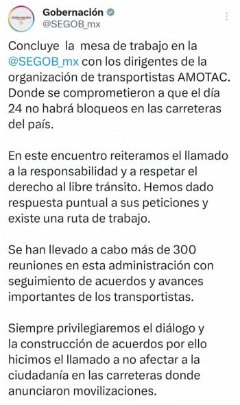 Segob acuerda con transportistas evitar bloqueos y mantener di&aacute;logo