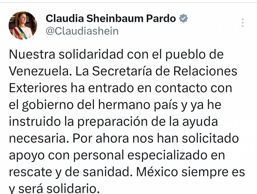 México enviará ayuda a Venezuela tras terremotos; Sheinbaum expresa solidaridad
