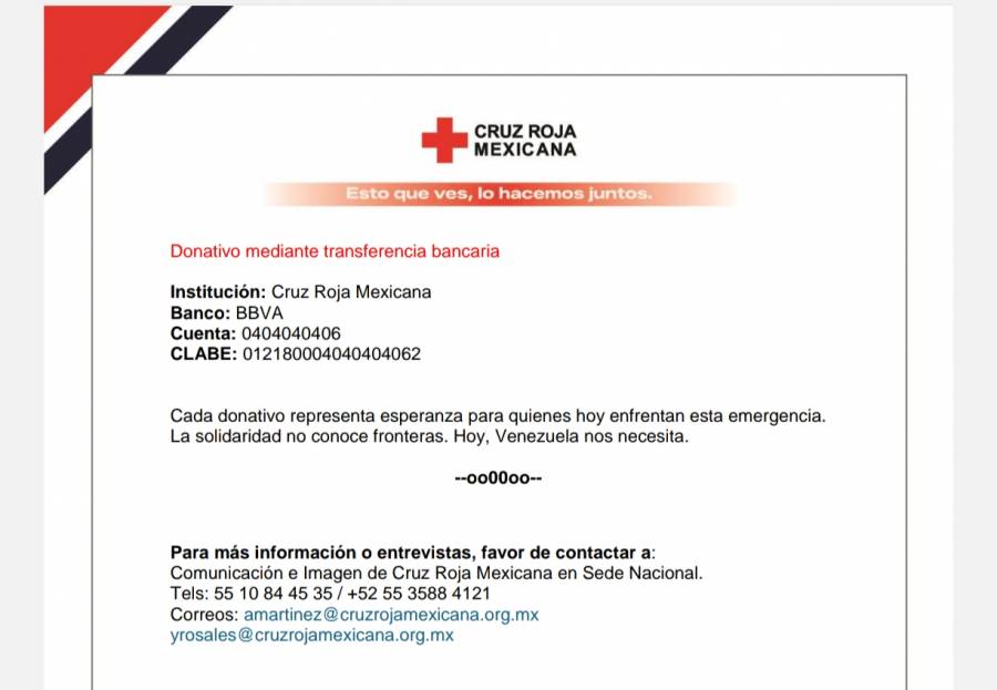 Cruz Roja Mexicana llama a donar para apoyar a las familias afectadas por los sismos en Venezuela