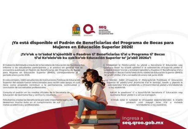 SEQ publica padrón de becarias para mujeres en educación superior 2026 en Quintana Roo