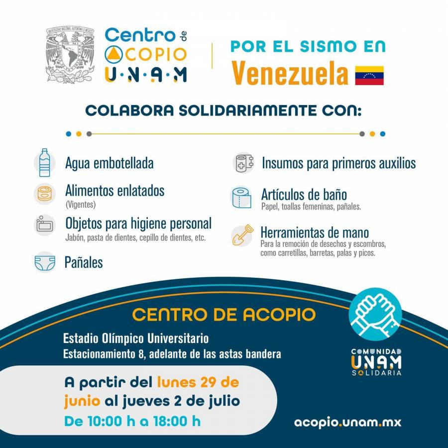 UNAM instala centro de acopio para apoyar a víctimas de sismos en Venezuela