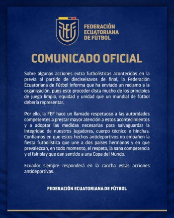 Federaci&oacute;n Ecuatoriana reclama por actos contra su selecci&oacute;n previo al duelo con M&eacute;xico