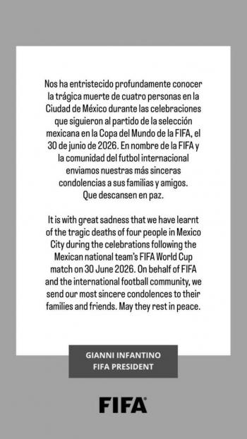 Infantino lamenta muerte de cuatro aficionados en festejos del M&eacute;xico vs Ecuador