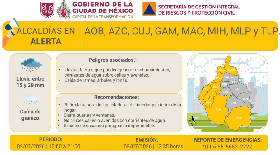 Lluvias y granizo activan Alerta Amarilla en ocho alcaldías de CDMX