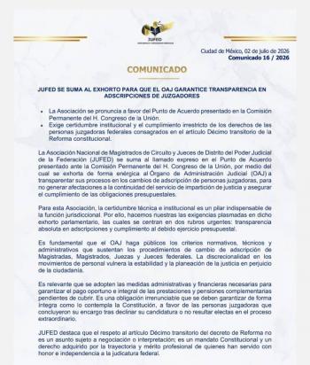 JUFED respalda exhorto legislativo al OAJ para transparentar adscripciones; denuncia hostilidad contra personal