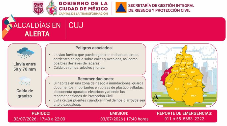 SGIRPC activa alerta roja en Cuajimalpa por lluvias y granizo