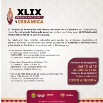 SECVER habilita tres sedes para recepci&oacute;n de piezas del Premio Nacional de la Cer&aacute;mica 2026