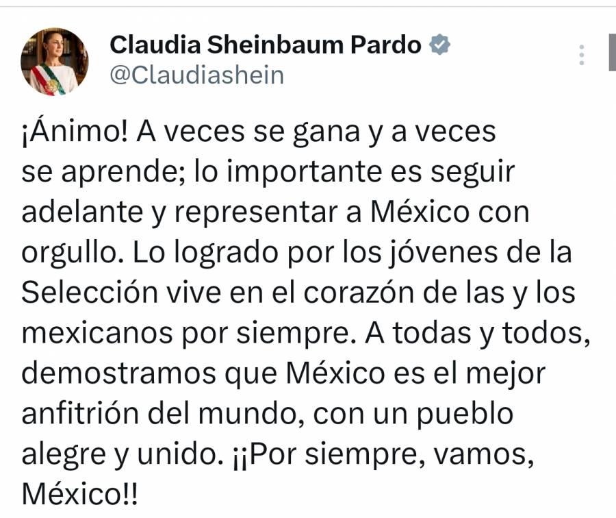 Sheinbaum consuela a la afición tras la eliminación de México ante Inglaterra: 