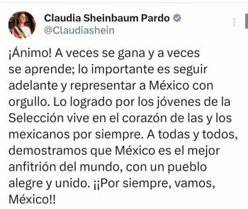 Sheinbaum consuela a la afici&oacute;n tras la eliminaci&oacute;n de M&eacute;xico ante Inglaterra: 