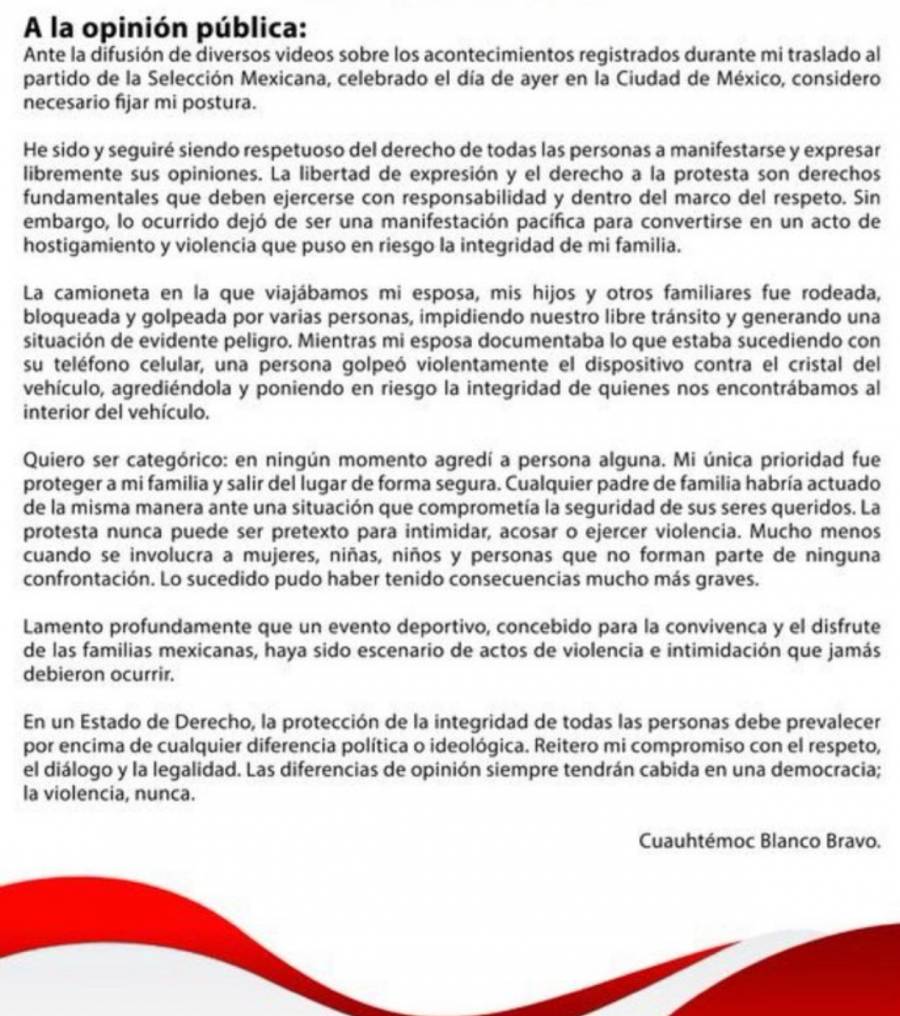 Blanco niega agresiones y afirma que protegió a su familia durante incidente tras partido de la Selección