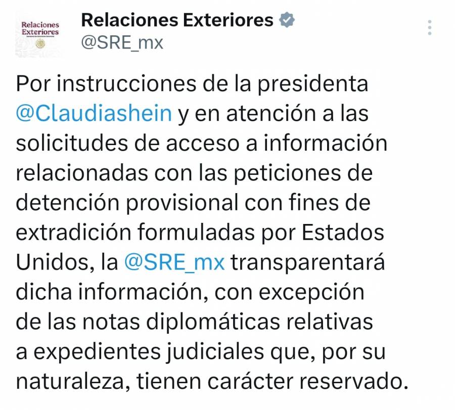 SRE transparentará solicitudes de detención provisional con fines de extradición a EU