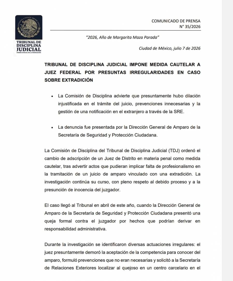 Tribunal de Disciplina Judicial cambia de adscripción a juez federal por presuntas irregularidades en juicio de extradición