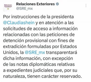 SRE transparentar&aacute; solicitudes de detenci&oacute;n provisional con fines de extradici&oacute;n a EU