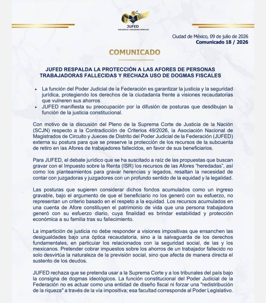 JUFED defiende que recursos de Afores de trabajadores fallecidos no paguen ISR