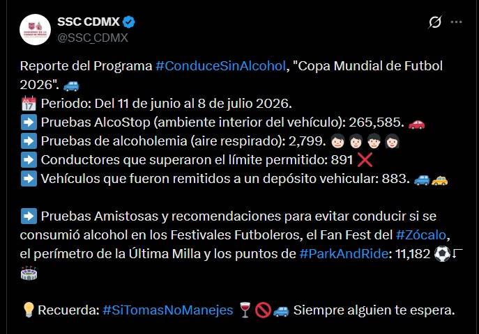 SSC reporta 891 conductores sancionados por alcohol durante Mundial 2026 en CDMX